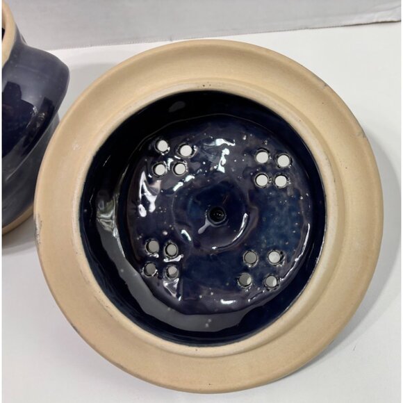 Deep Navy Blue Glazed Stoneware Lidded Bowl Vegetable Steamer Garlic Keeper - Picture 7 of 9